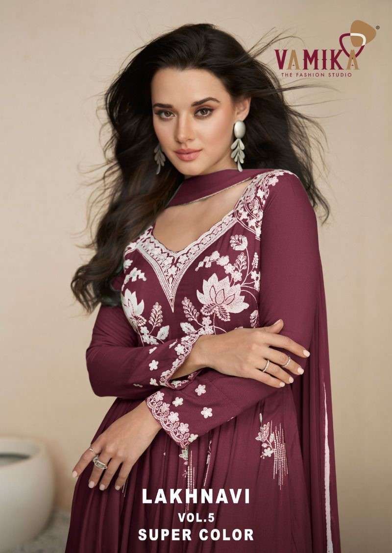 VAMIKA LAKHNAVI VOL 5 SUPER COLOUR  LUCKNOWI EMBRODERY WORK DESIGNER KURTI WHOLESALER