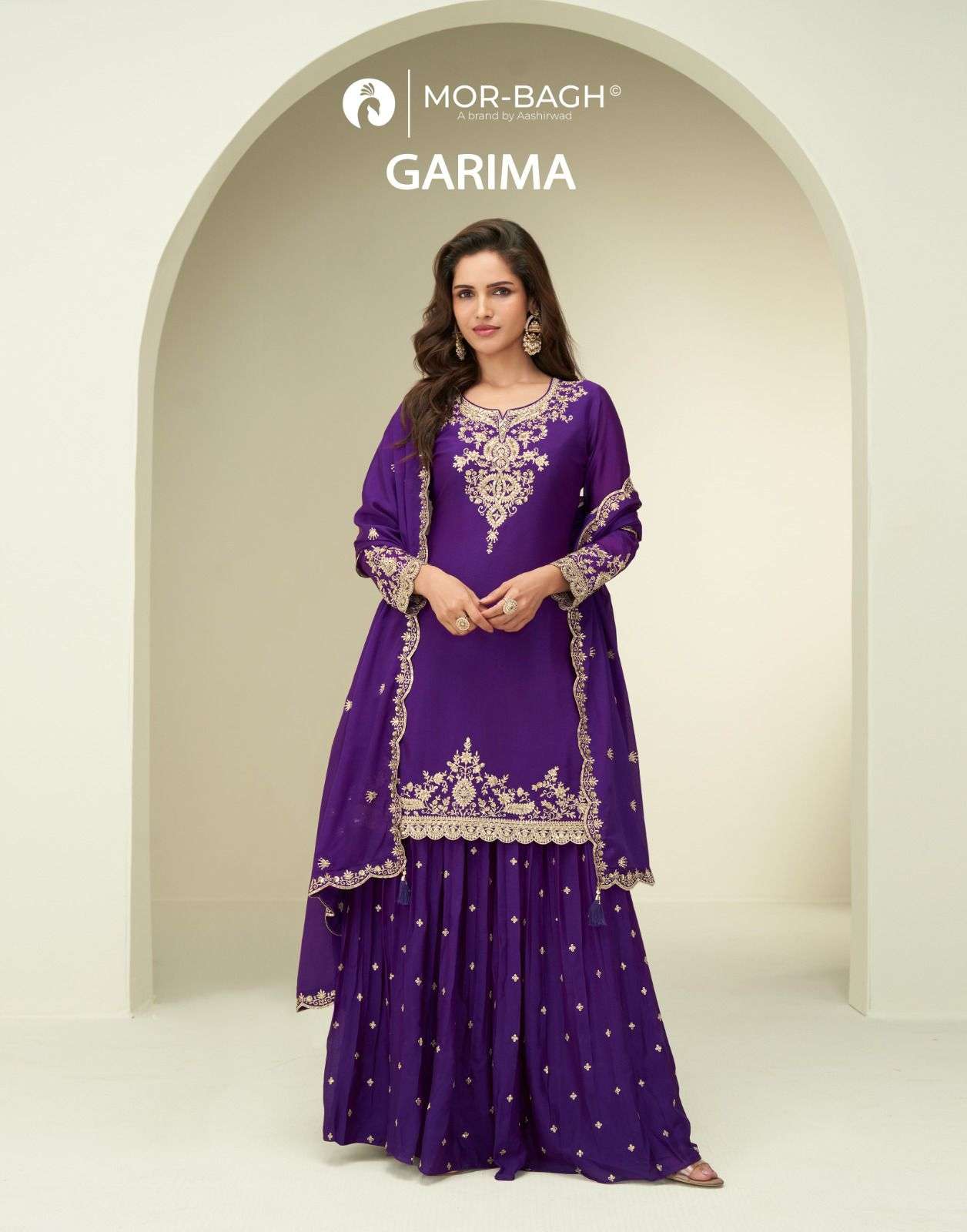 AASHIRWAD MOR BAGH GARIMA CHINON SILK DESIGNER PARTYWEAR SHARARA SUIT WHOLESALER