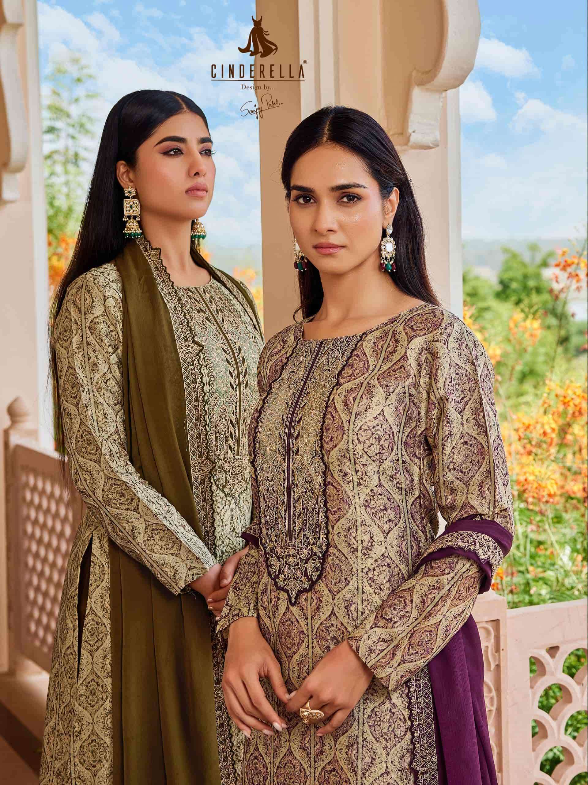 CINDERELLA SAHELI SILK JACQUARD DESIGNER CASUAL WEAR LADIES SUIT CATALOG SUPPLIER  