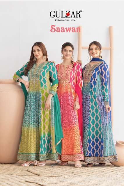GULZAR SAAWAN CHINON FABRICS ANARKALI PARTY WEAR DRESS CATALOG WHOLESALER