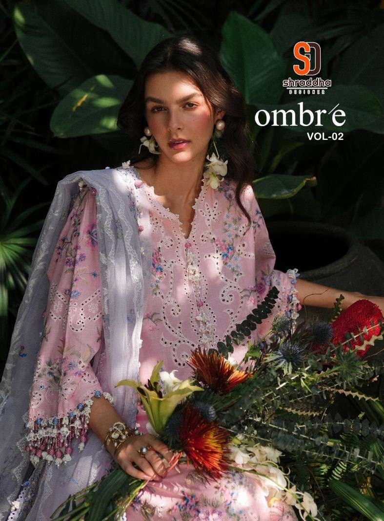 SHRADDHA DESIGNER OMBRE VOL-2 COTTON EMBRODERY WORK STYLISH PAKISTANI SUIT CATALOG EXPORTER 