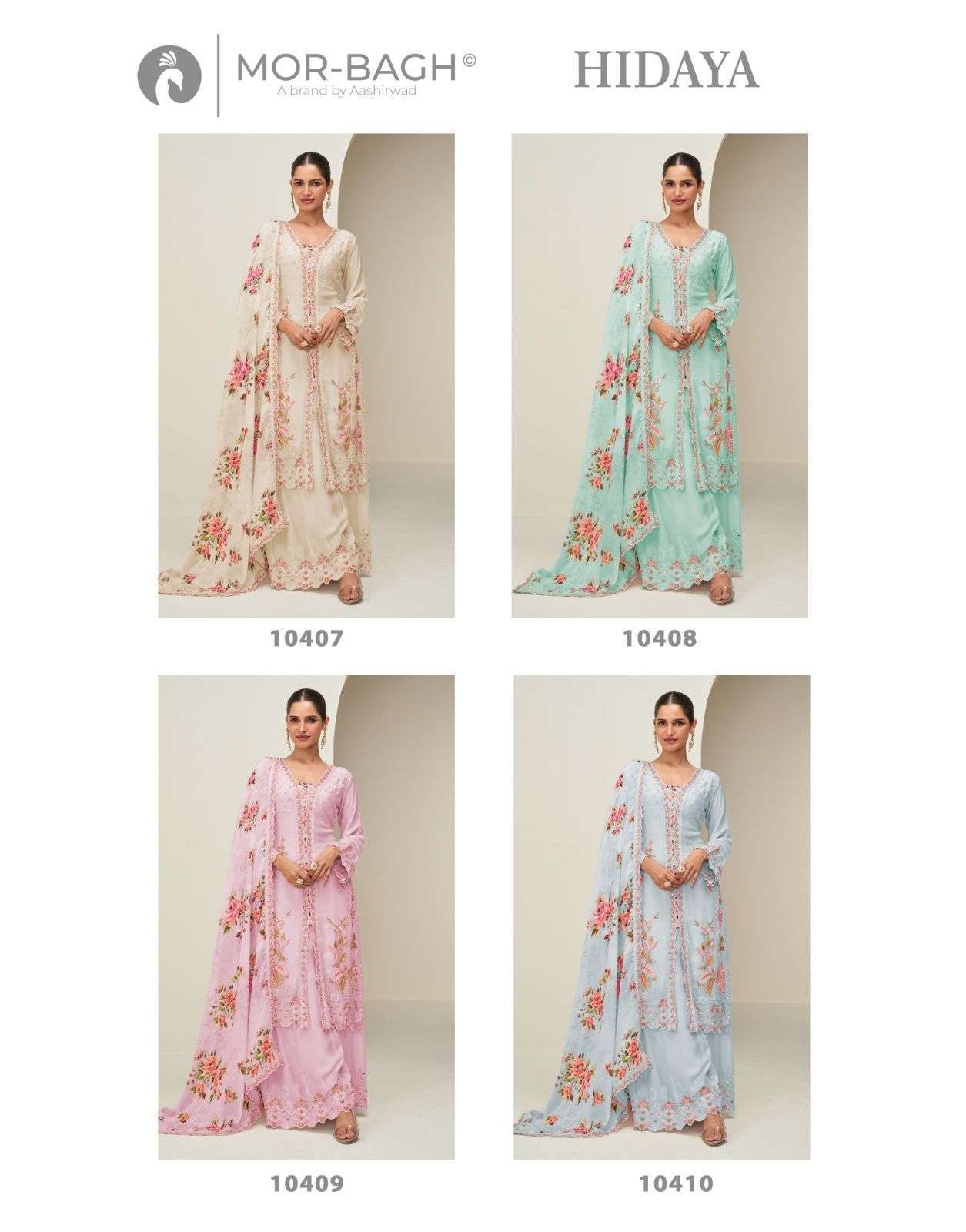 AASHIRWAD MOR BAGH HIDAYA 10407 TO 10410 CHINON SILK DESIGNER PALAZZO SUIT EXPORTER 