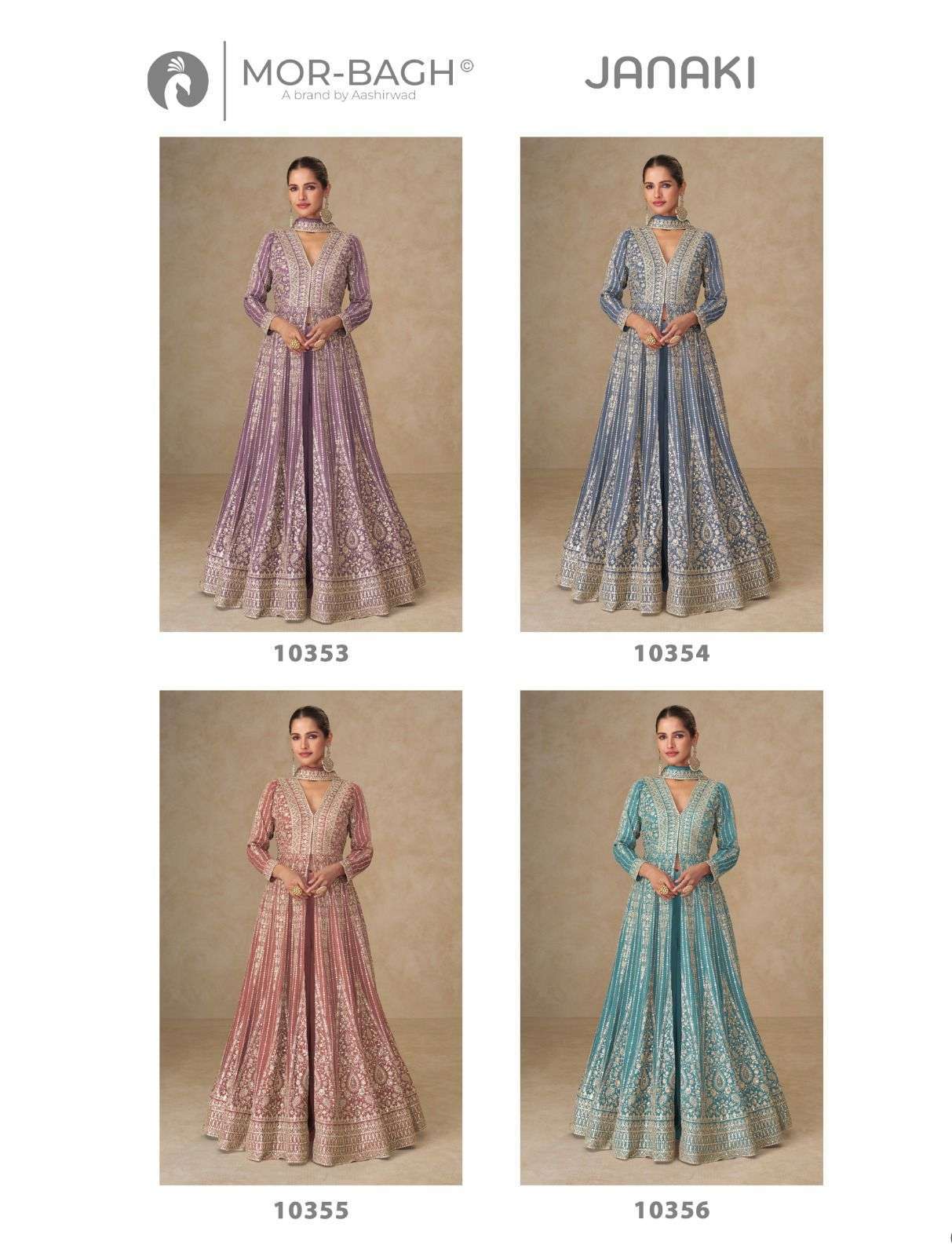 AASHIRWAD MOR BAGH JANKI 10353 TO 10356 CHINON SILK DESIGNER GOWN CATALOG DEALER IN INDIA 