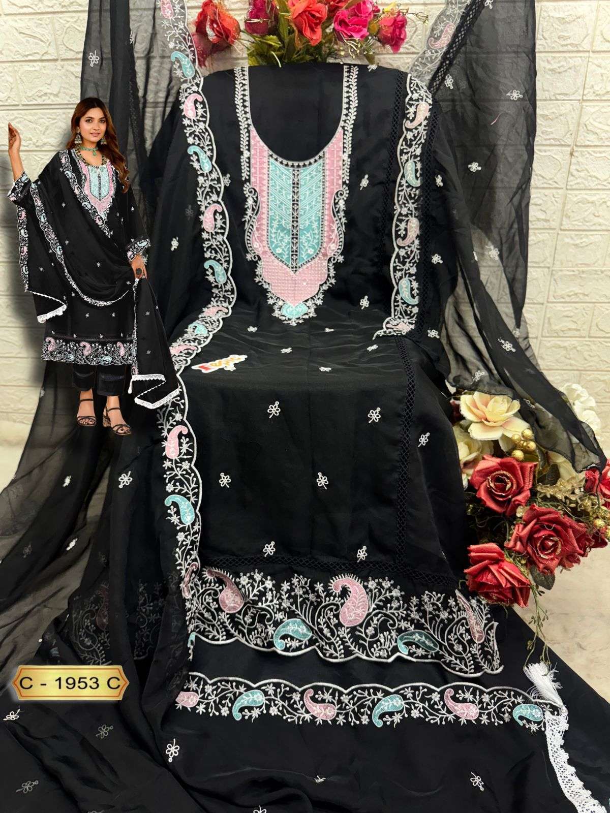 FEPIC C 1953 COLOURS ORGANZA EMBRODERY WORK PAKISTANI SALWAR KAMEEZ 