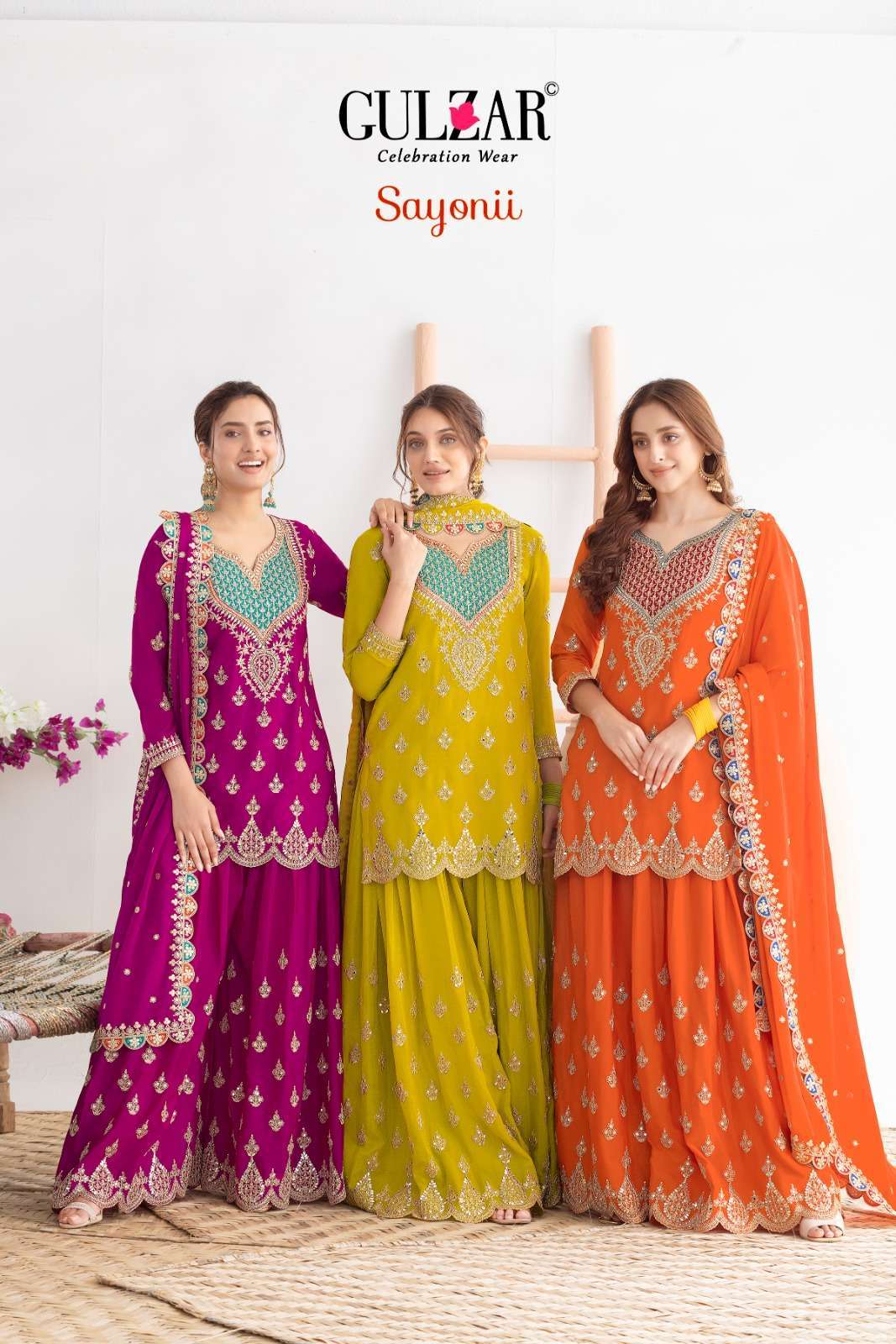 GULZAR SAYONII PREMIUM CHINON EMBRODERY WORK DESIGNER PALAZZO SUIT EXPORTER IN INDIA 