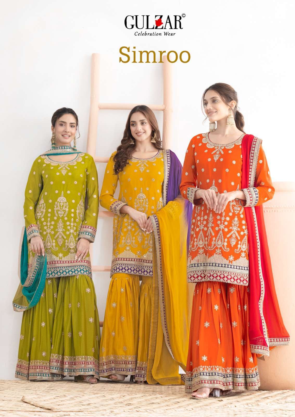 GULZAR SIMROO PREMIUM CHINON PARTY WEAR SHRARA SUIT CATALOG EXPORTER IN INDIA