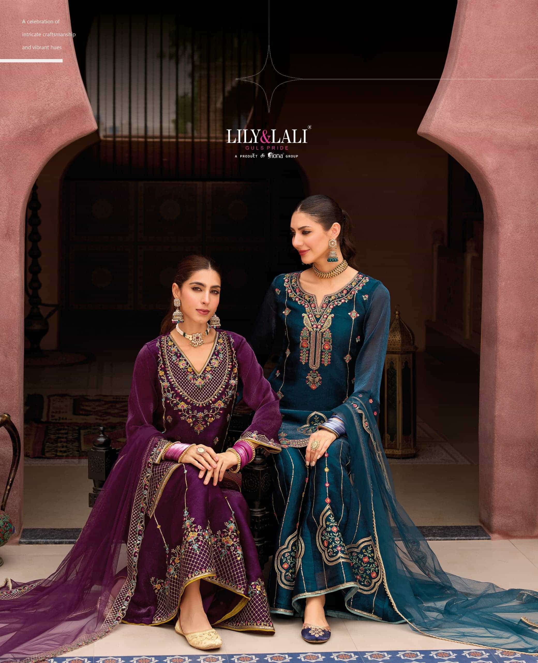 LILY AND LALI ANDORRA FANCY SILK EMBRODERY WORK DESIGNER DIVIDER PALAZZO SUIT CATALOG SUPPLIER  
