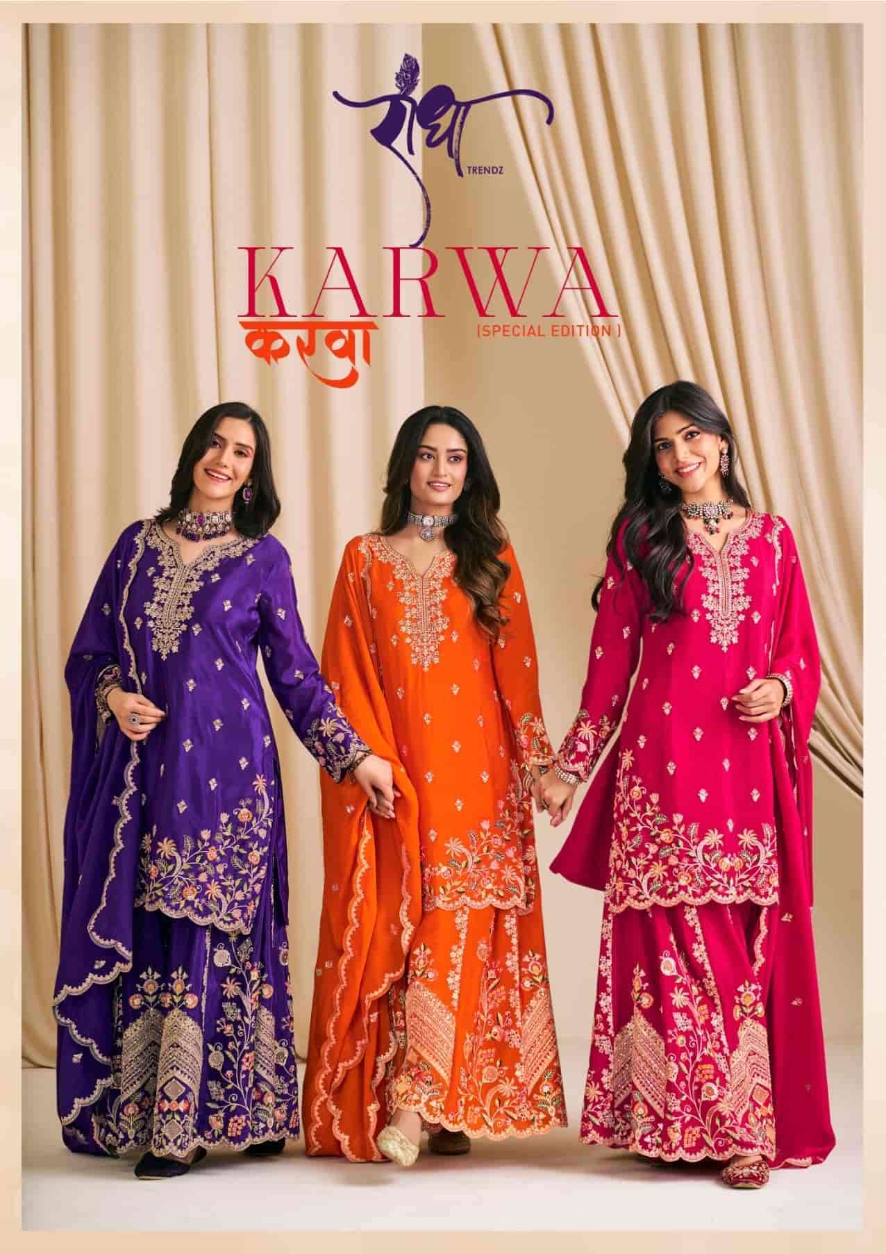 RADHA TRENDZ KARWA SPECIAL EDITION DESIGNER CHINON EMBRODERY WORK PALAZZO SUIT SUPPLIER 