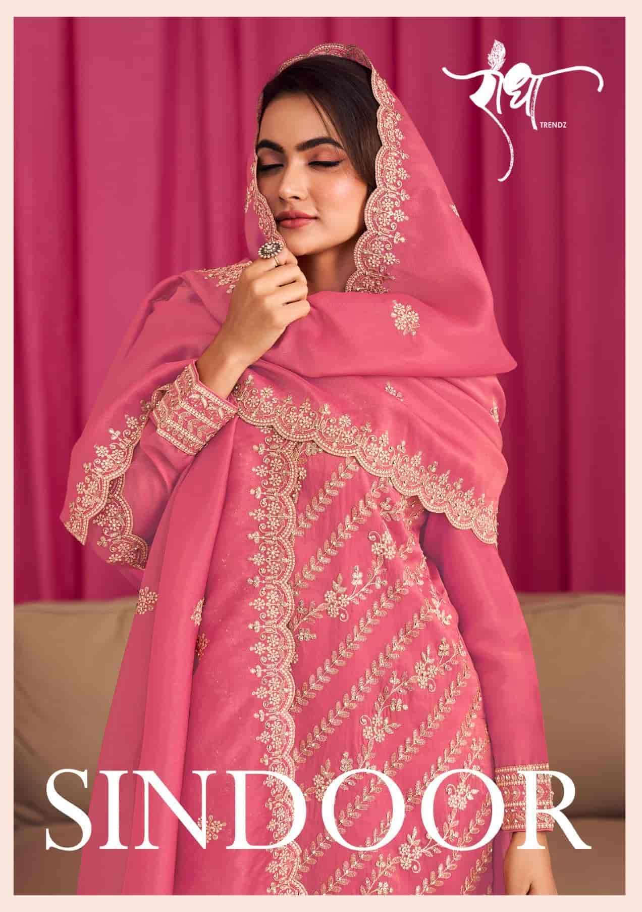 RADHA TRENDZ SINDOOR SIMAR SILK DESIGNER EMBRODERY WORK SHARARA SUIT CATALOG SUPPLIER 