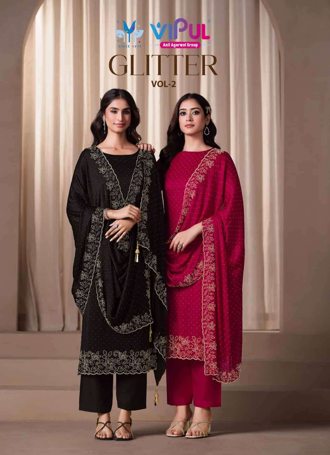 VIPUL FASHION GLITTER VOL-2  SATIN CHIFFON FANCY EMBRODERY WORK PARTY WEAR SALWAR SUIT  EXPORTER 