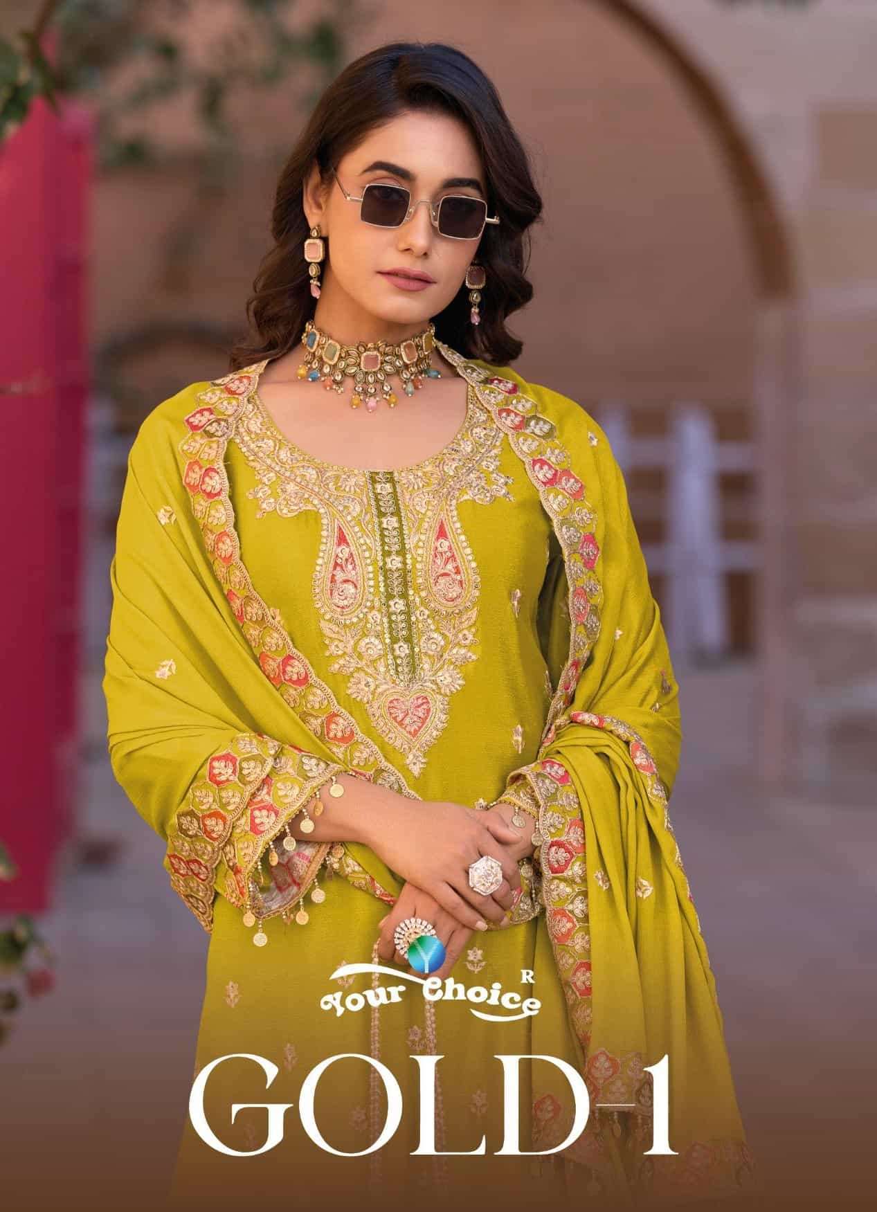 YOUR CHOICE GOLD VOL-1 CHINON PARTY WEAR GHARARA SUIT WHOLESALER IN SURAT 