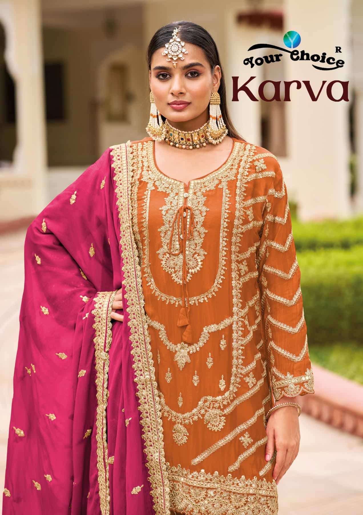 YOUR CHOICE KARVA CHINON PARTY WEAR GHARARA SUIT WHOLESALER IN SURAT 