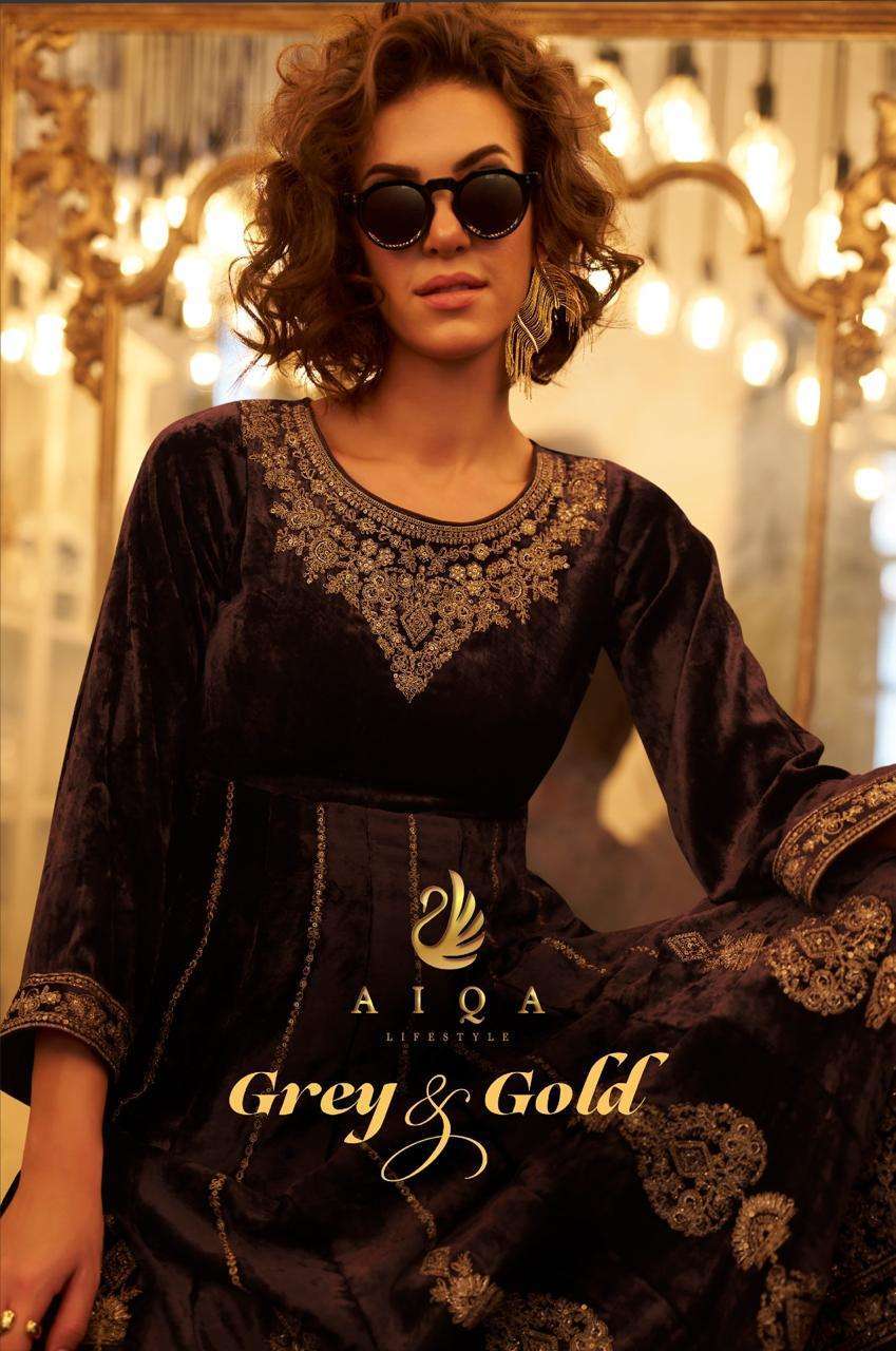 AIQA LIFESTYLE GREY AND GOLD VISCOSE EMBRODERY WORK WINTER VELVET SUIT DEALER IN SURAT