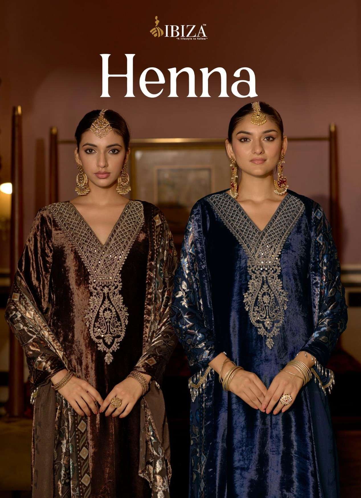 IBIZA LIFESTYLE HENNA VISCOSE VELVET EMBRODERY WORK DESIGNER WINTER VELVET SUIT DEALER IN INDIA