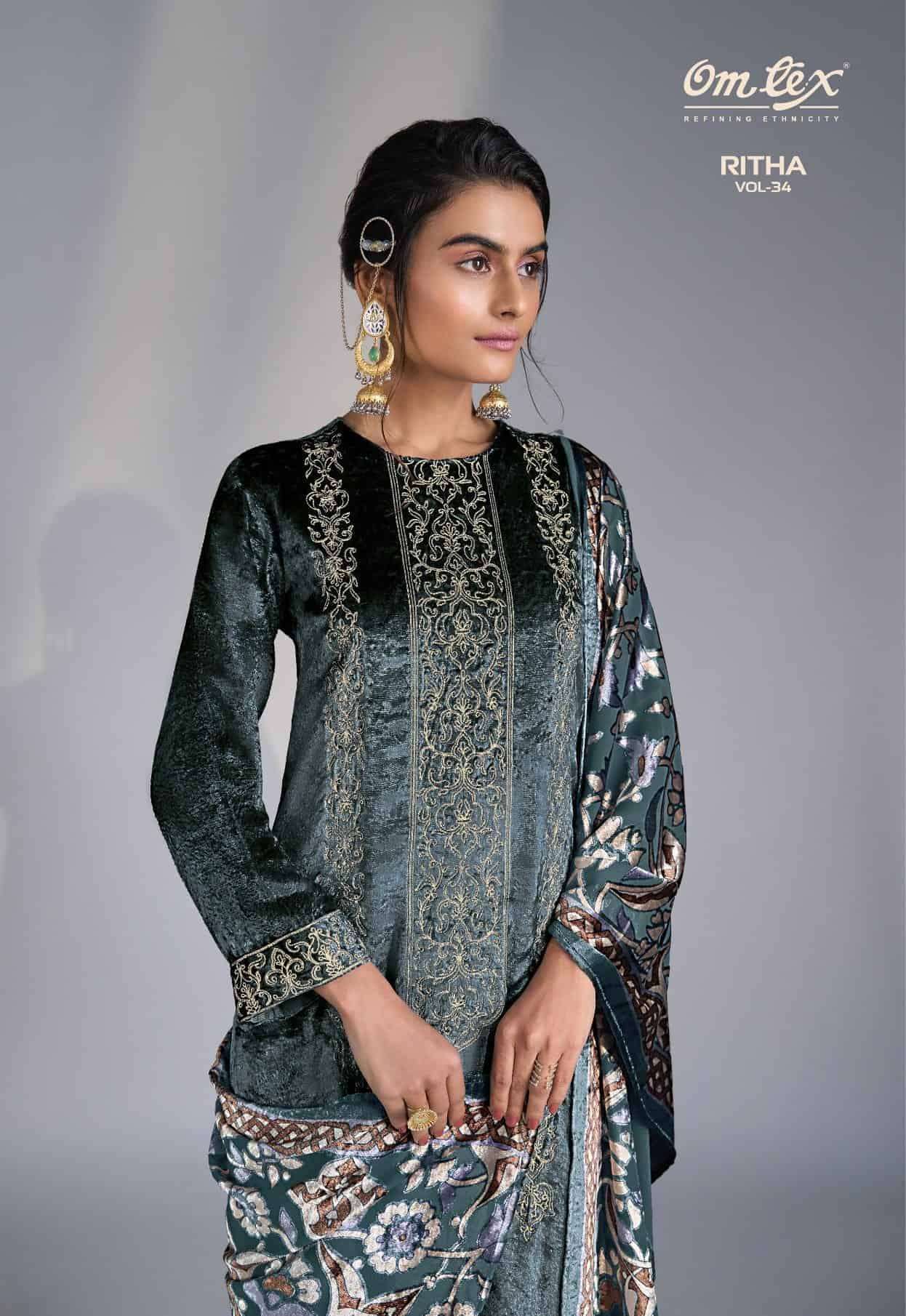 OMTEX RITHA VOL 34 PURE VISCOSE VELVET DESIGNER VELVET BRASSO SUIT WHOLESALER 