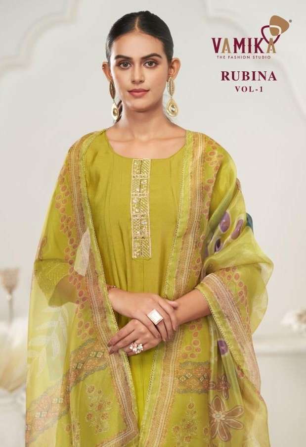 VAMIKA RUBINA VOL-1 602 COLOURS ROMAN SILK DESIGNER THREE PCS READYMADE SET SUPPLIER 