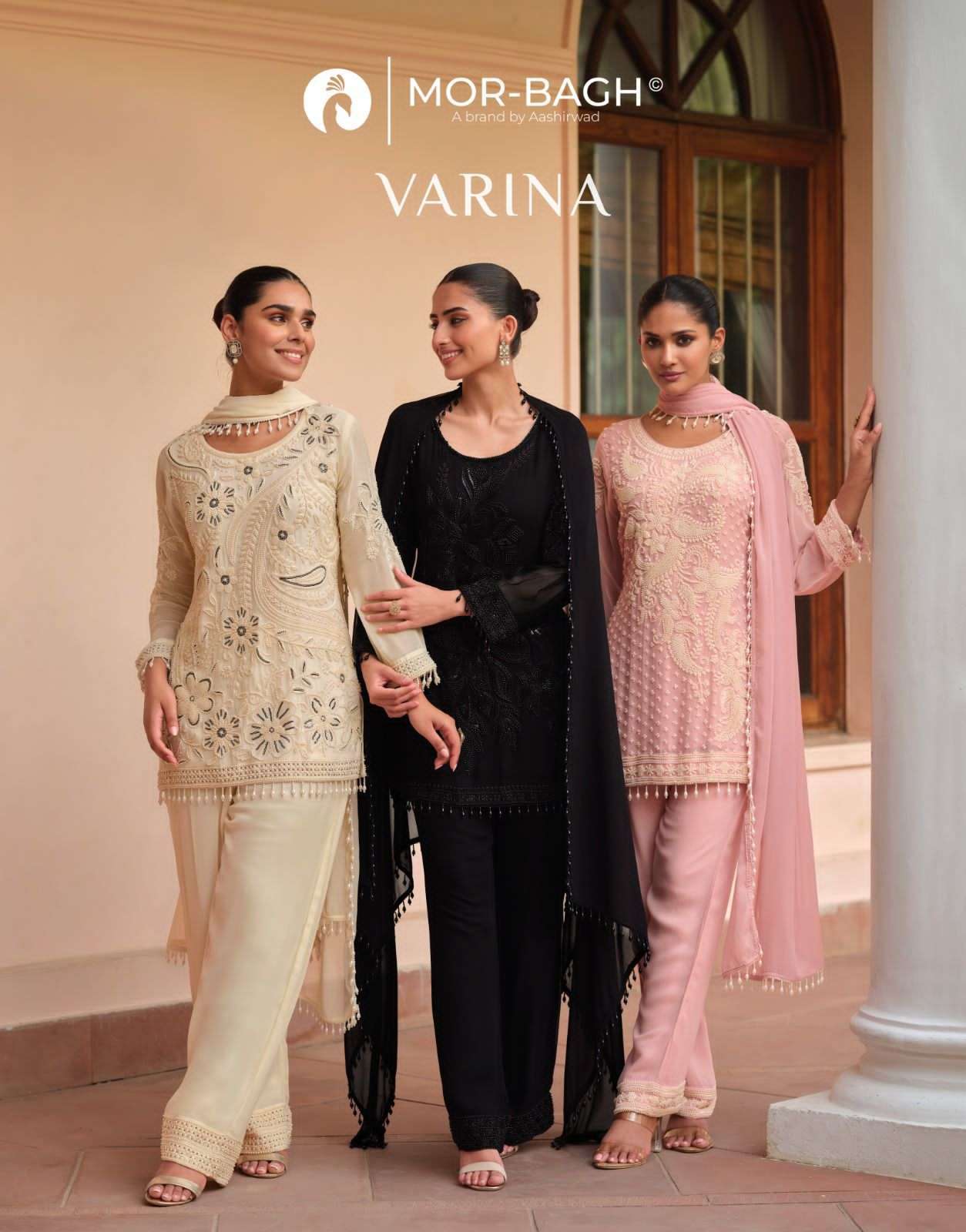 AASHIRWAD CREATION VARINA REAL GEORGETTE PARTYWEAR READYMADE DRESS CATALOG SUPPLIER 