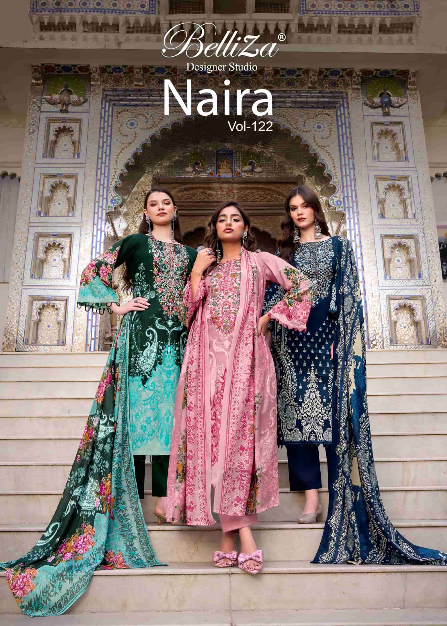 BELLIZA DESIGNER NAIRA VOL 122 PURE COTTON EMBRODERY WORK DRESS MATERIAL SUPPLIER