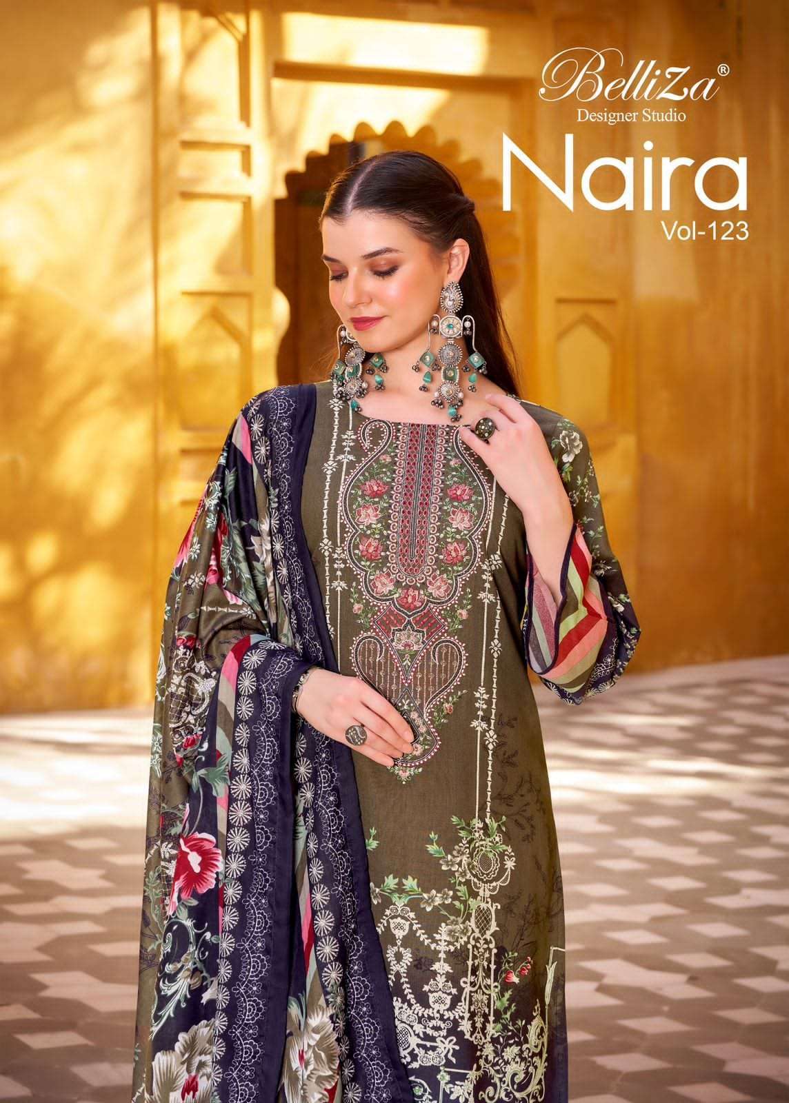 BELLIZA DESIGNER NAIRA VOL 123 PURE COTTON EMBRODERY WORK DRESS MATERIAL SUPPLIER