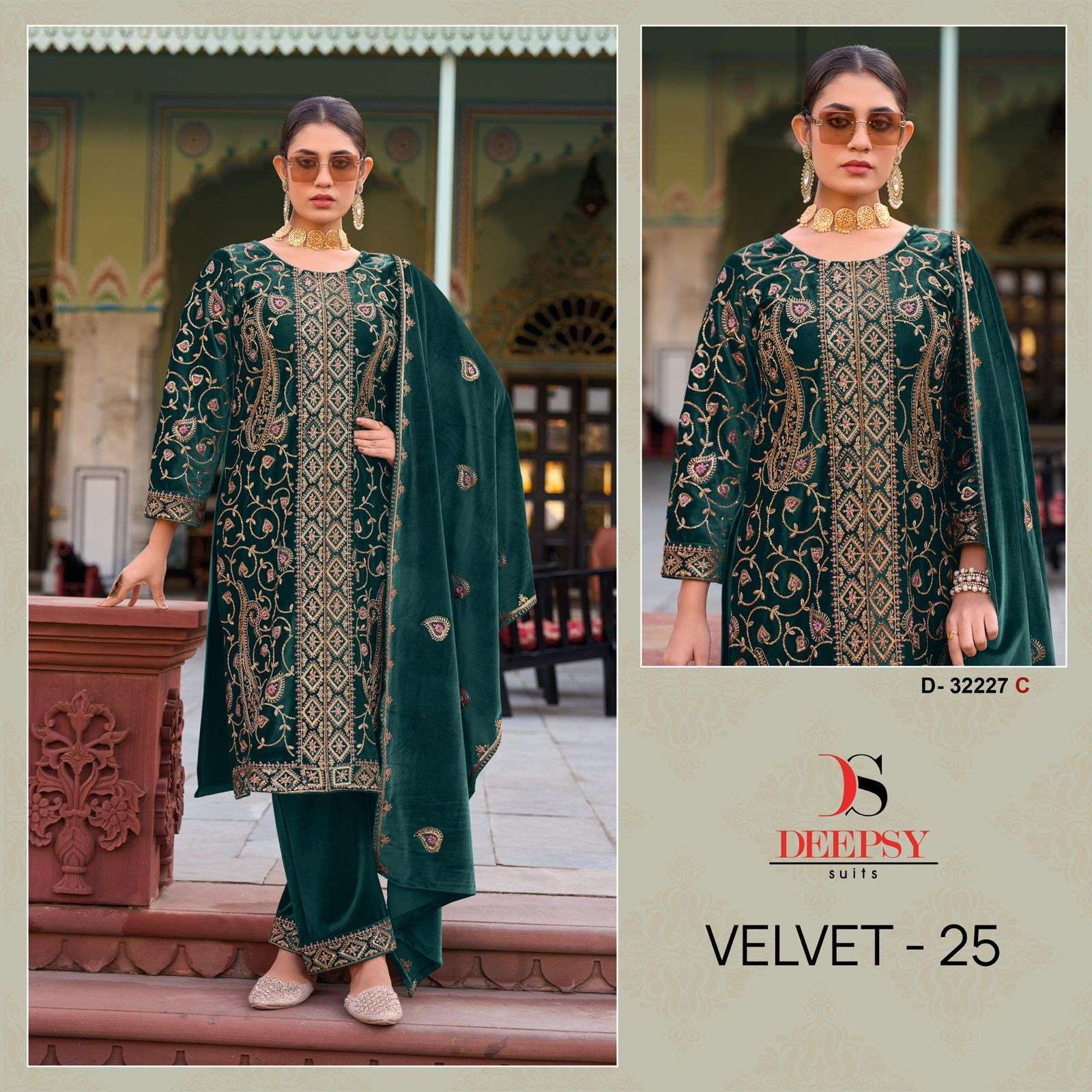 DEEPSY SUIT 32227 COLOURS DESIGNER EMBRODERY WORK VELVET SUIT WHOLESALER IN INDIA