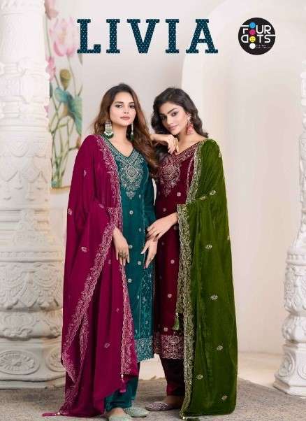 FOURDOTS LIVIA DESIGNER PREMIUM EMBRODERY WORK VELVET UNSTITCHED LADIES SUIT DEALER IN INDIA 