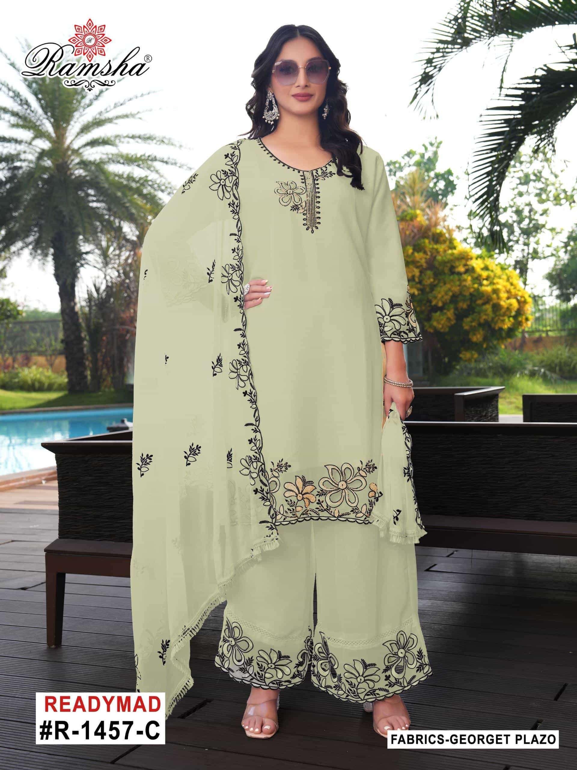 RAMSHA R 1457 NX  GEORGETTE WITH HEAVY EMBRODERY WORK READYMADE PAKISTANI SUIT DEALER 