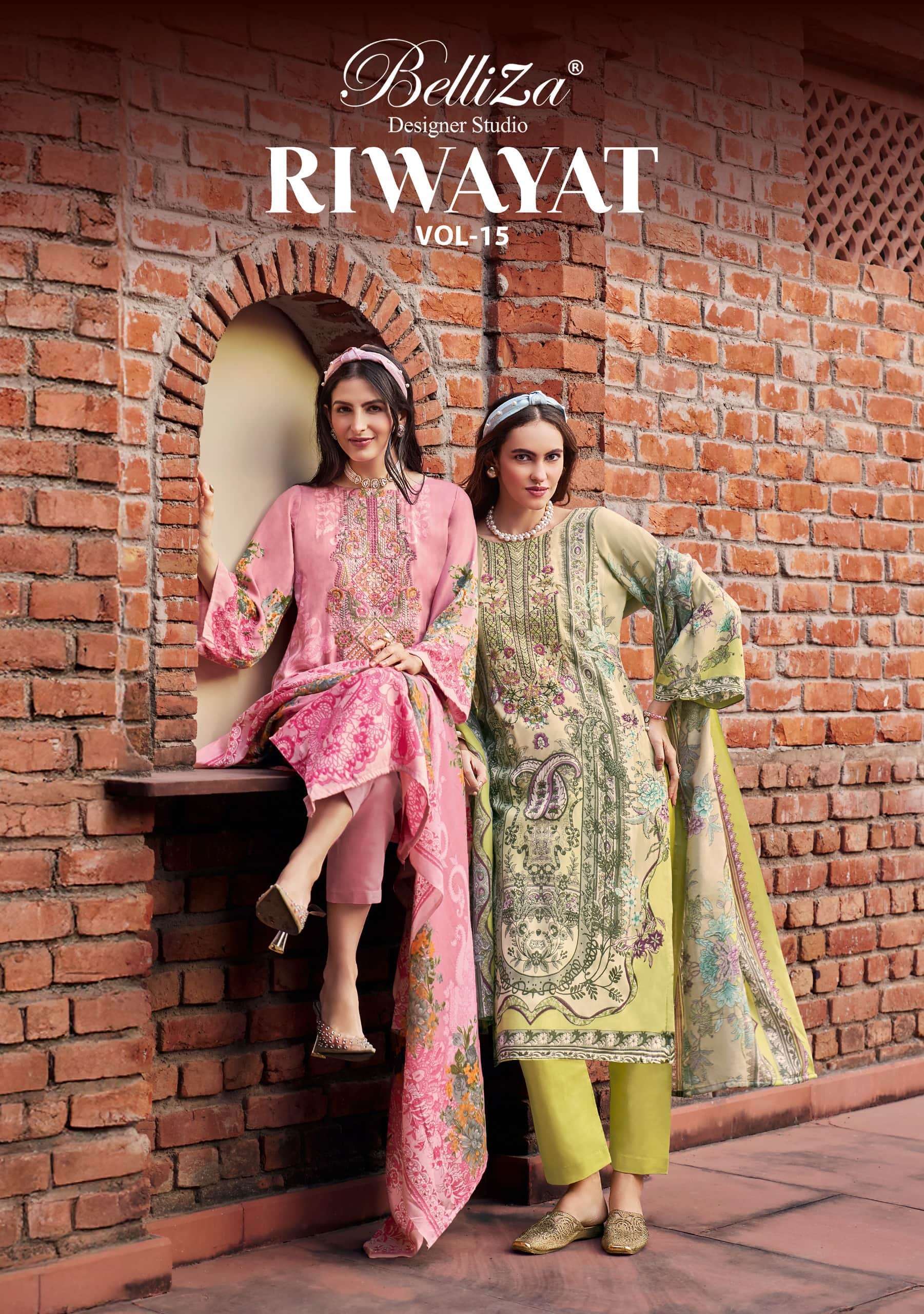 BELLIZA DESIGNER RIWAYAT VOL 15 RAYON DIGITAL PRINT WITH EMBRODERY WORK LADIES SUIT WHOLESALER