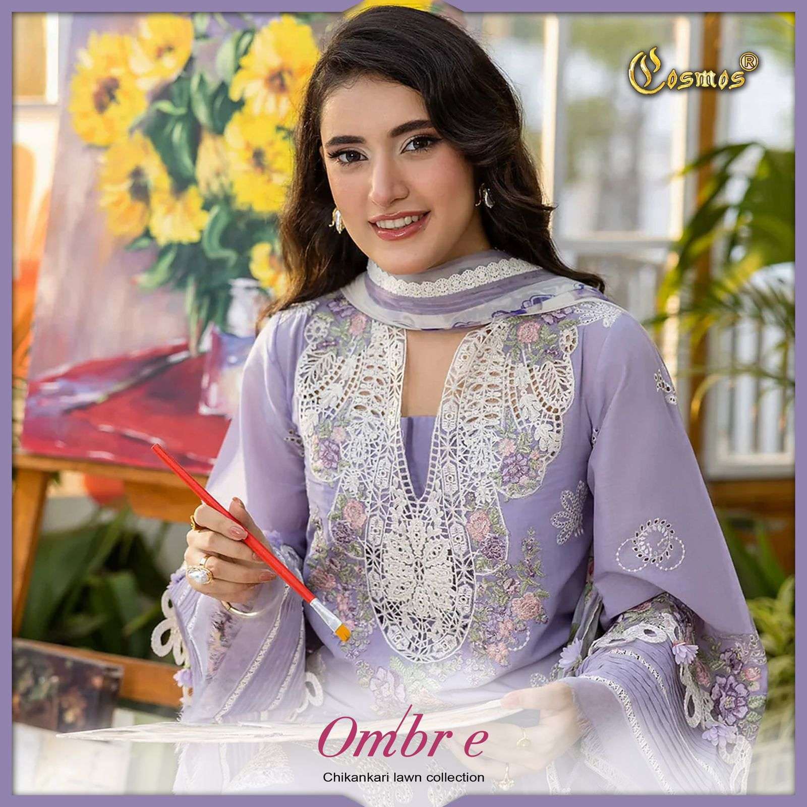 COSMOS OMBRE CHIKANKARI LAWN COLLECTION DESIGNER PAKISTANI SUIT CATALOG BEST RATE 