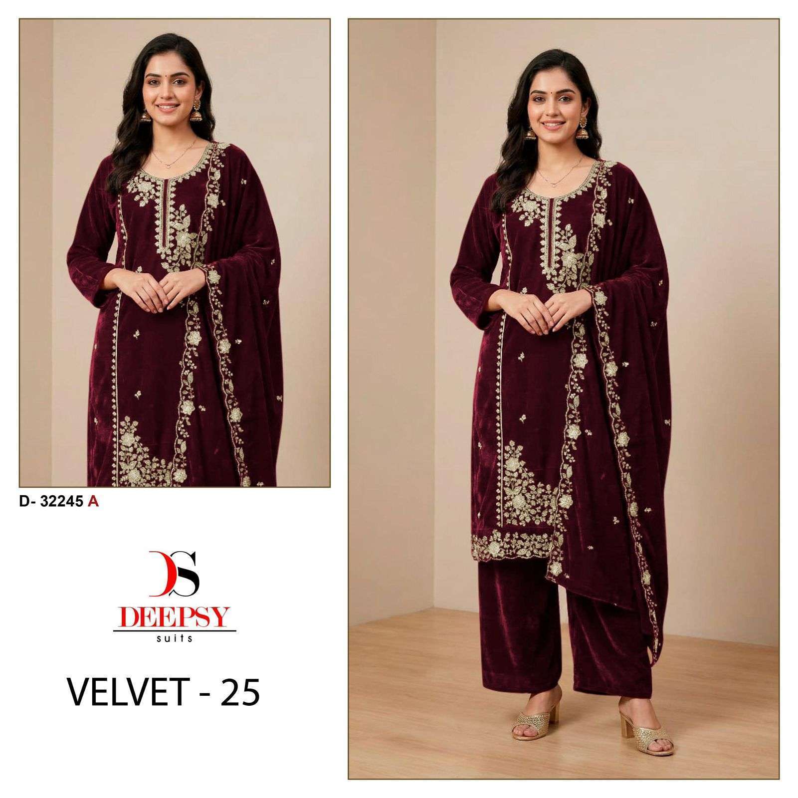 DEEPSY SUIT 32245 COLOURS DESIGNER EMBRODERY WORK VELVET SUIT WHOLESALER IN INDIA