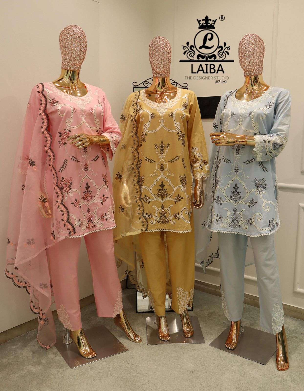 LAIBA DESIGNER 7129 COLOURS LAWN COTTON PARTY WEAR READYMADE PAKISTANI SUIT WHOLESALER 