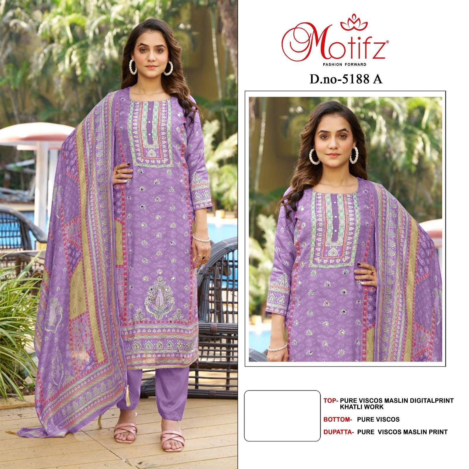 MOTIFZ D 5188 COLOURS VISCOSE MUSLIN DESIGNER WORK STYLISH PAKISTANI SUIT WHOLESALE RATE