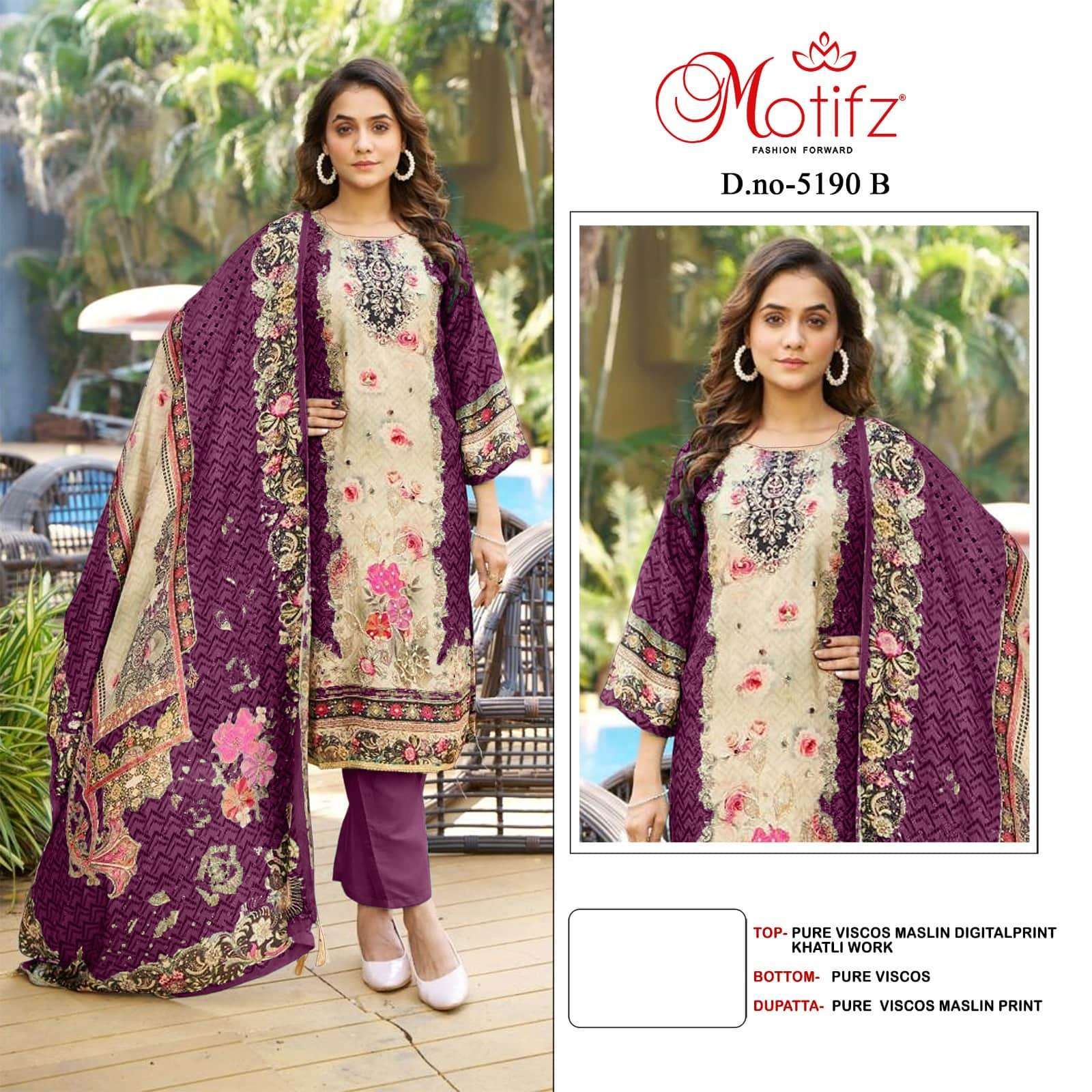 MOTIFZ D 5190 COLOURS VISCOSE MUSLIN DESIGNER WORK STYLISH PAKISTANI SUIT WHOLESALE RATE