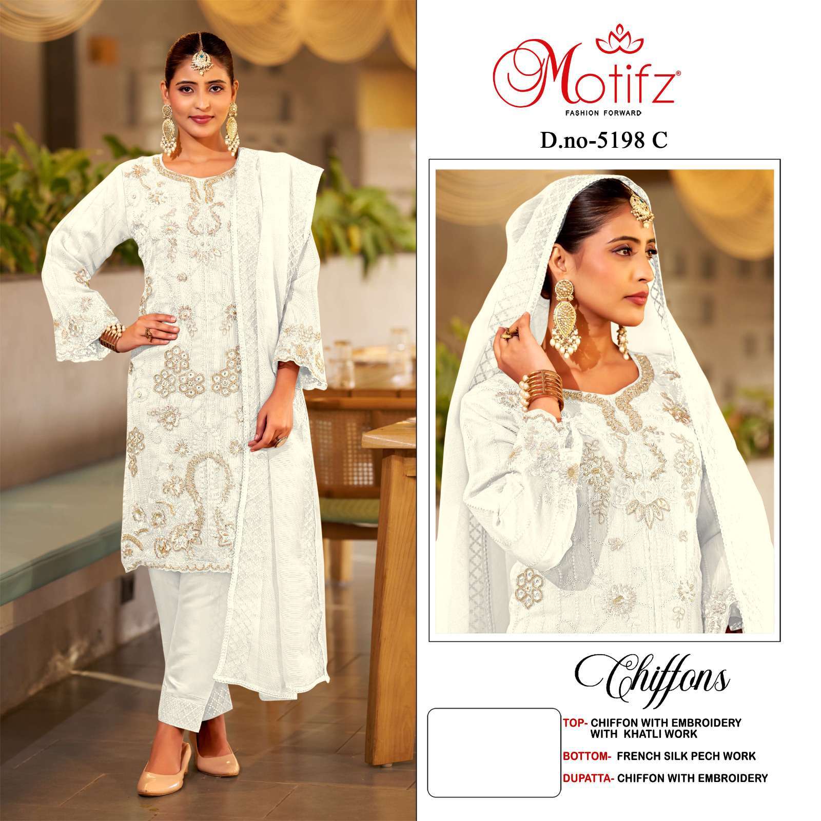 MOTIFZ D 5198 COLOURS DESIGNER EMBRODERY WORK CHIFFON STYLISH PAKISTANI SUIT WHOLESALE RATE