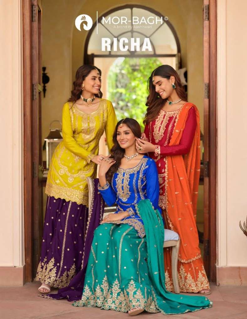 AASHIRWAD MOR BAGH RICHA 10763 TO 10765 CHINON SILK DESIGNER PARTYWEAR GHARARA DRESS DEALER IN INDIA 