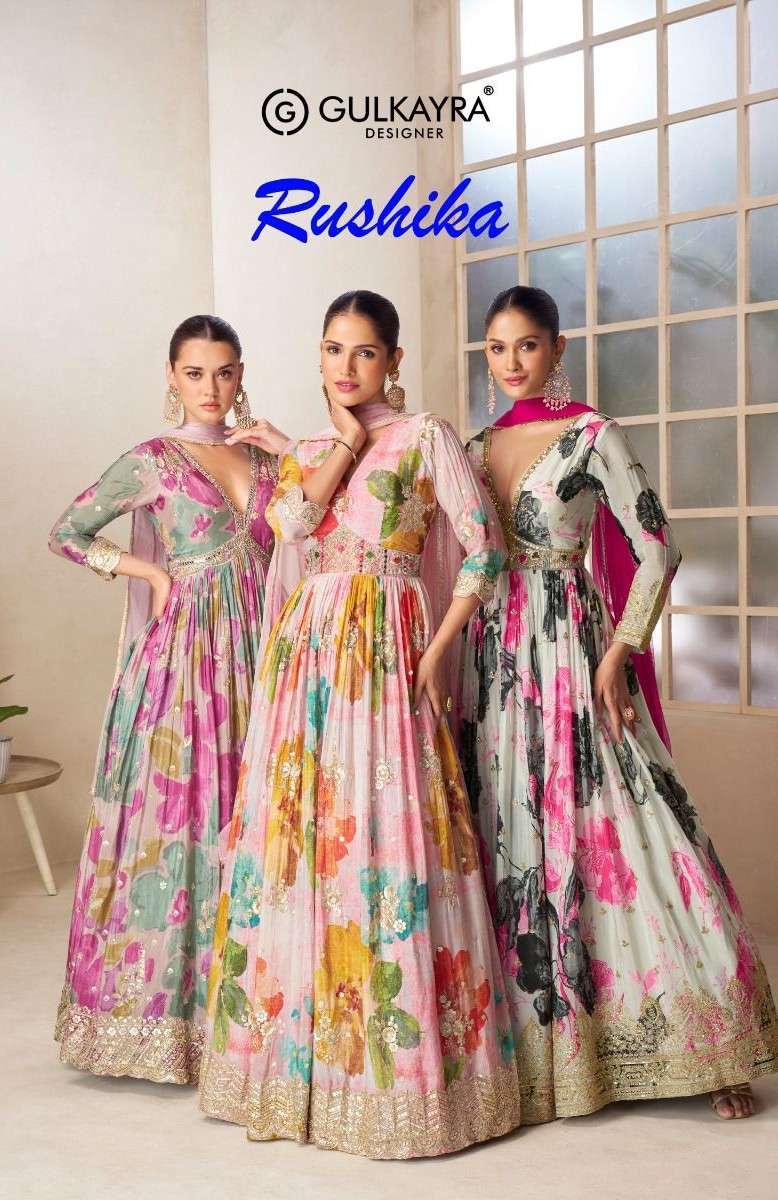 GULKAYRA DESIGNER RUSHIKA 7538 TO 7586 FANCY EMBRODERY WORK CHINON GOWN COLLECTION SUPPLIER 