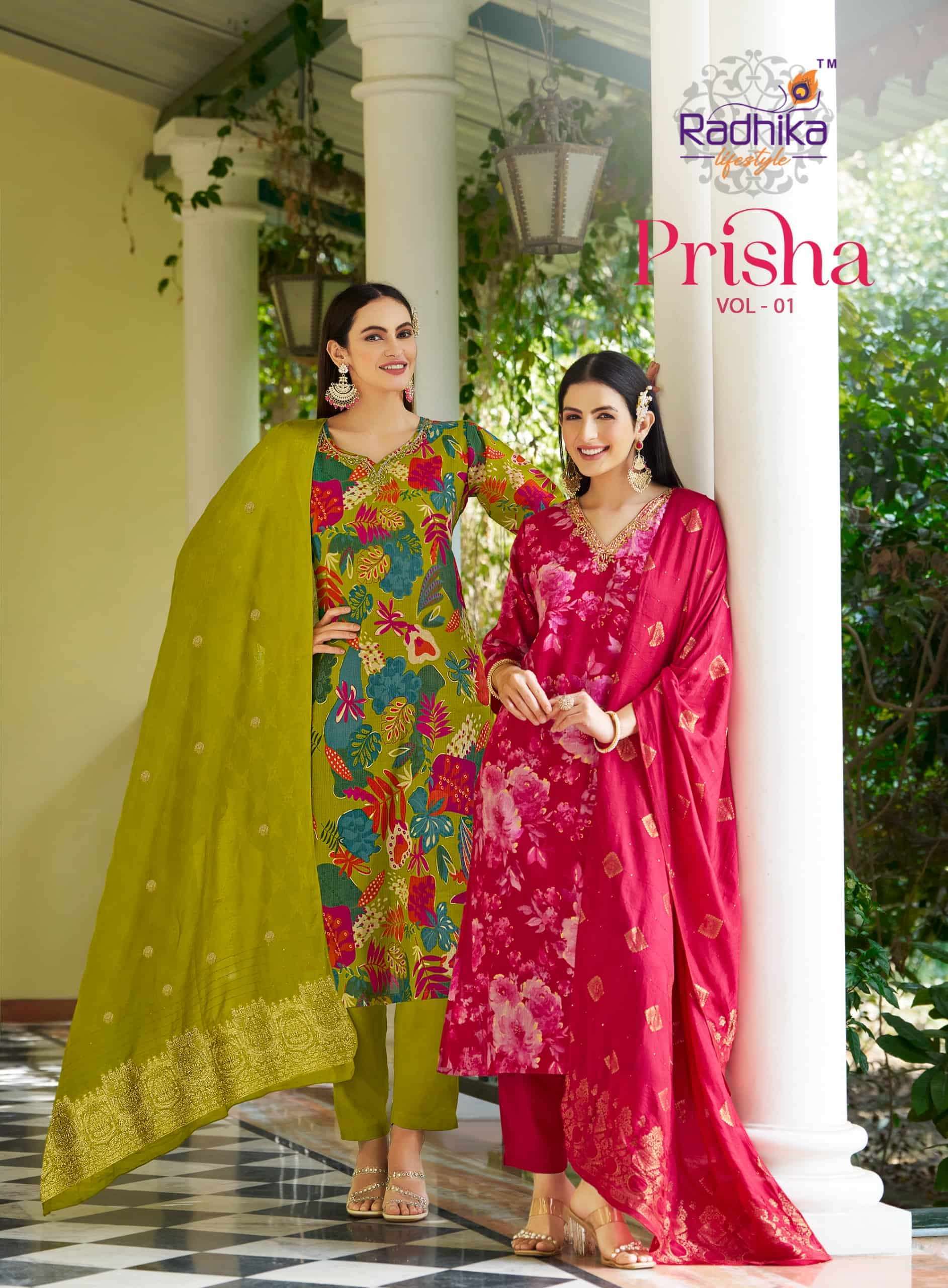 RADHIKA LIFESTYLE PRISHA VOL-1 FANCY PRINTED EMBRODERY WORK THREE PCS KURTI DEALER 