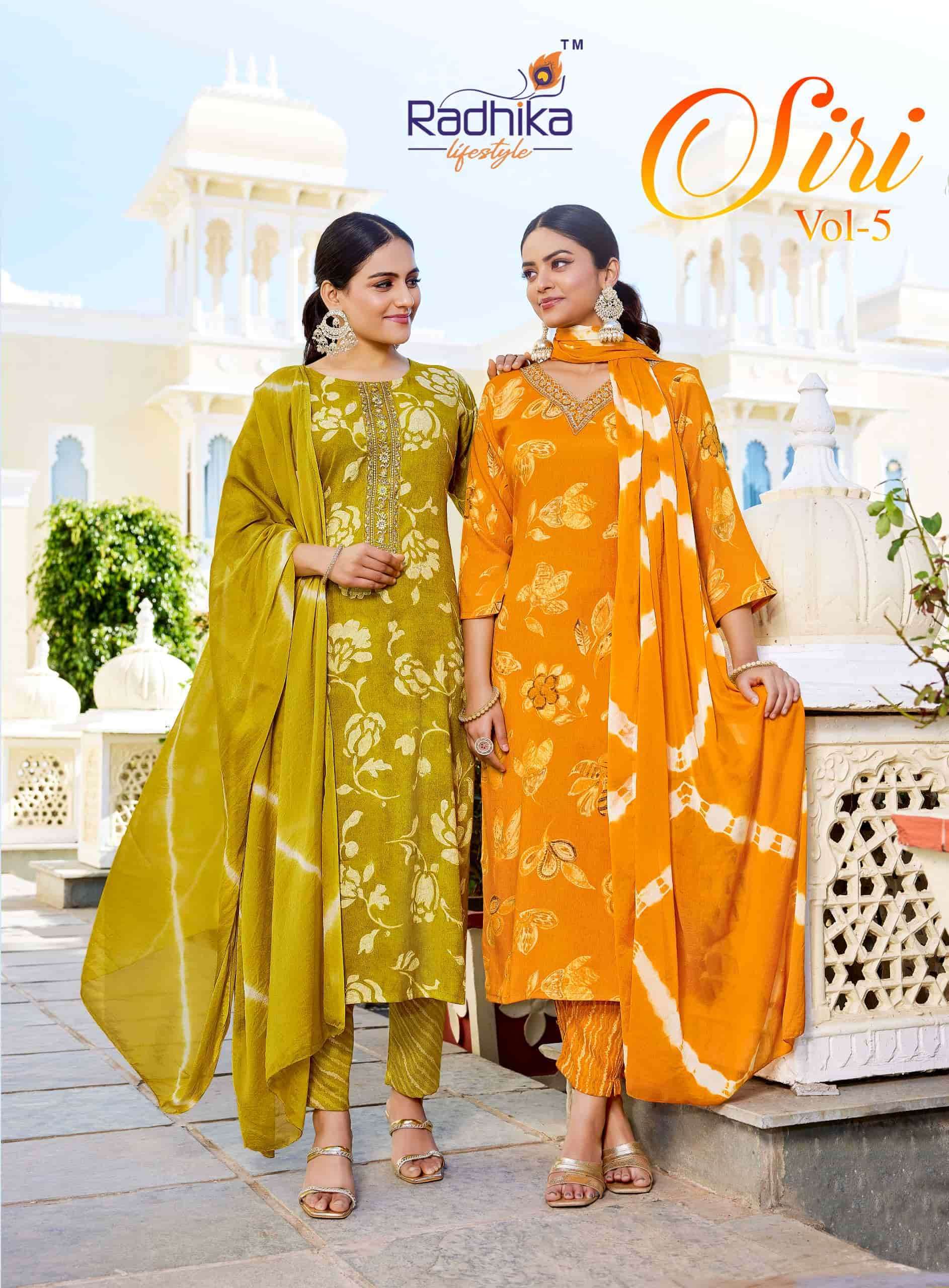 RADHIKA LIFESTYLE SIRI VOL-5  RAYON FOIL PRINTED DESIGNER THREE PCS KURTI WHOLESALER