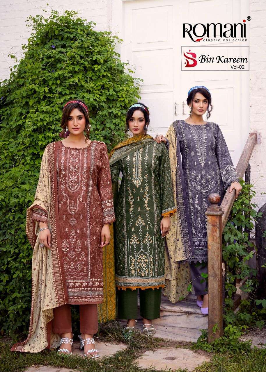 ROMANI BIN KAREEM VOL-2 SOFT COTTON PRINT WITH EMBRODERY WORK LADIES SUIT SUPPLIER 