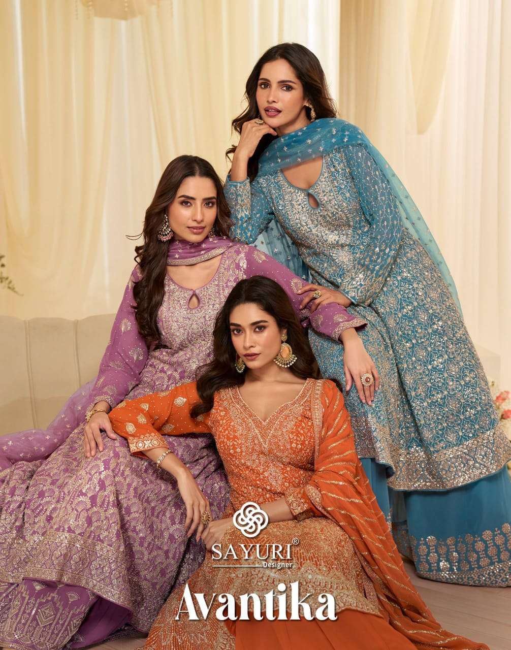 SAYURI DESIGNER AVANTIKA 10229-10231 GEORGETTE PARTYWEAR READYMADE SUIT DEALER 