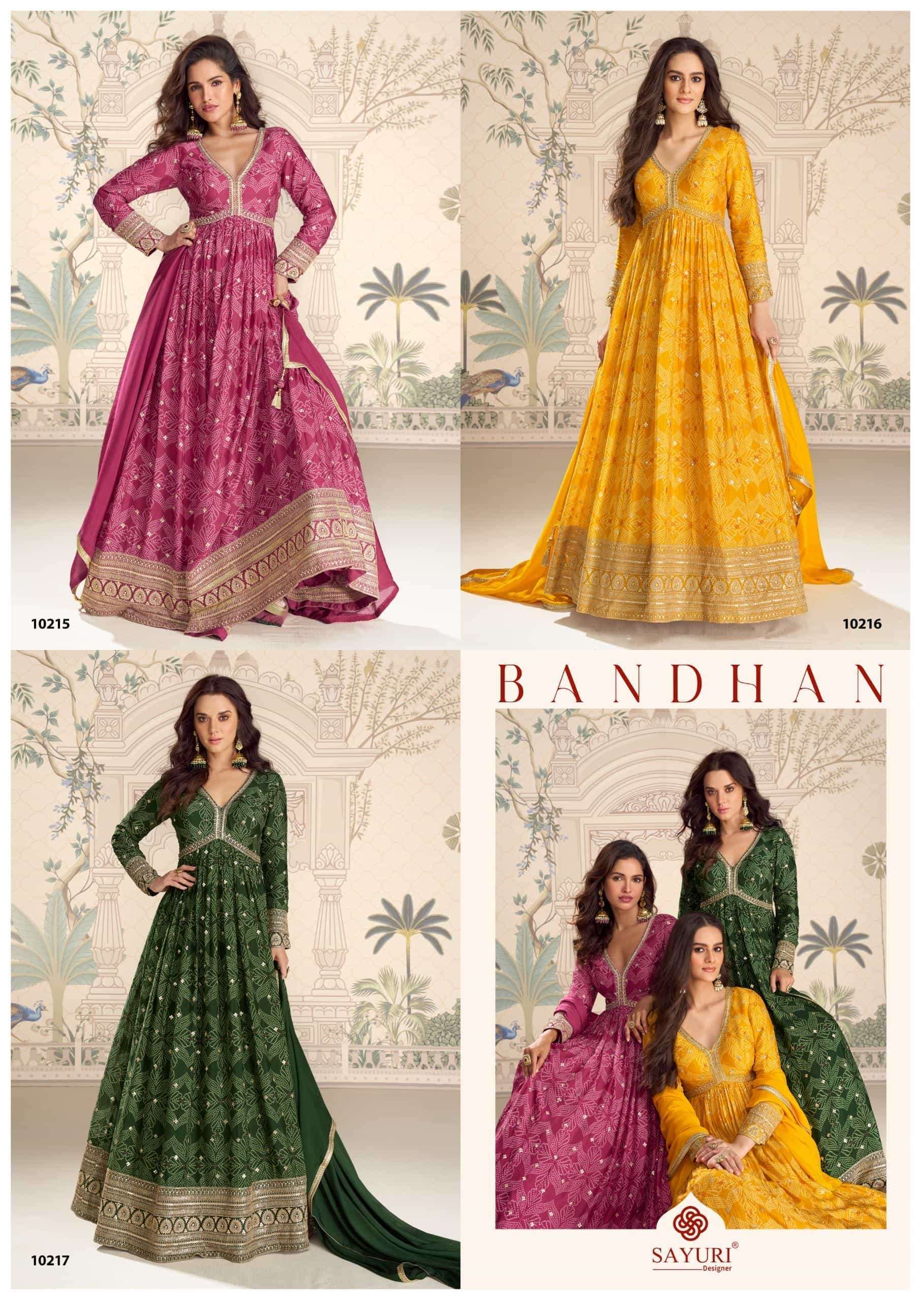 SAYURI DESIGNER BANDHAN 10215 TO 10217 CHINON SILK DESIGNER BANDHNI GOWN CATALOG SUPPLIER 