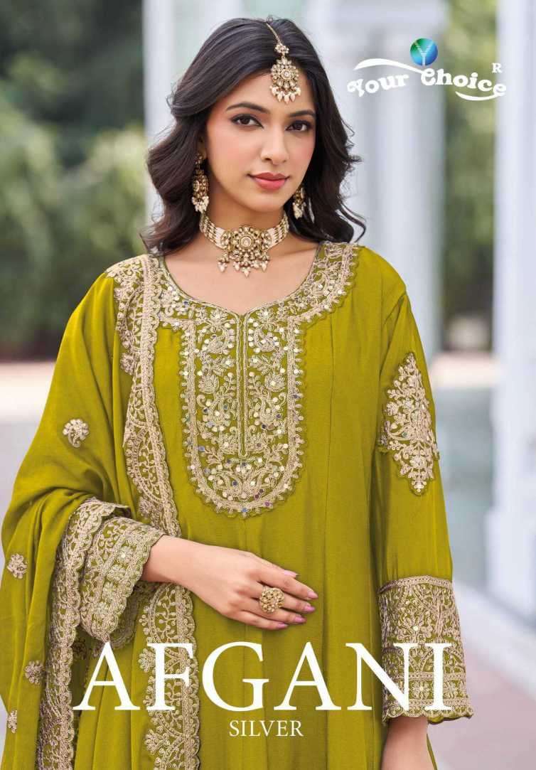 YOUR CHOICE AFGHANI SILVER  CHINON DESIGNER PARTY WEAR READYMADE SUIT EXPORTER 