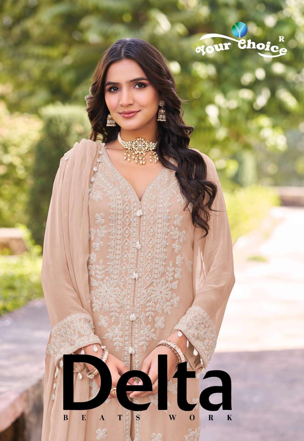 YOUR CHOICE DELTA HEAVY CHINON EMBRODERY WORK PLAZZO SUIT EXPORTER 