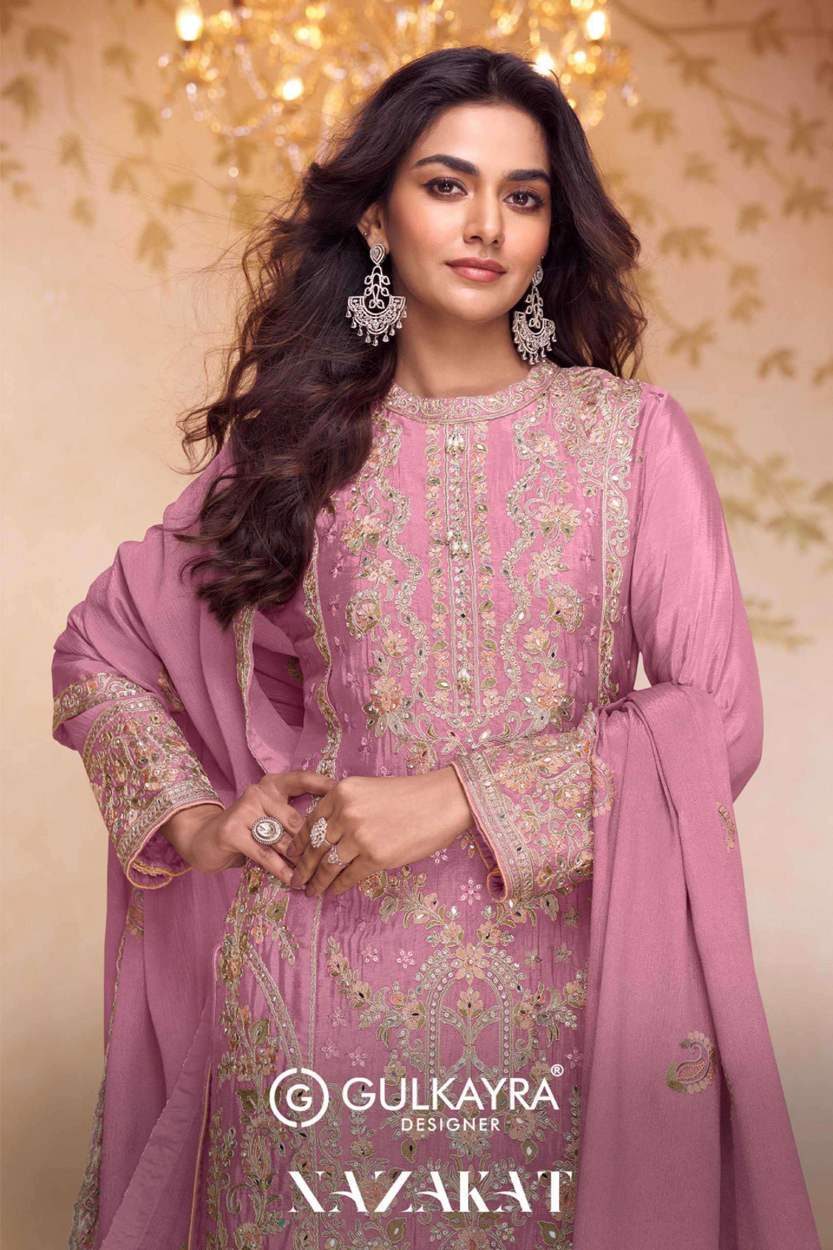 GULKAYRA DESIGNER NAZAKAT PARTYWEAR CHINON SHARARA SUIT CATALOG SUPPLIER 