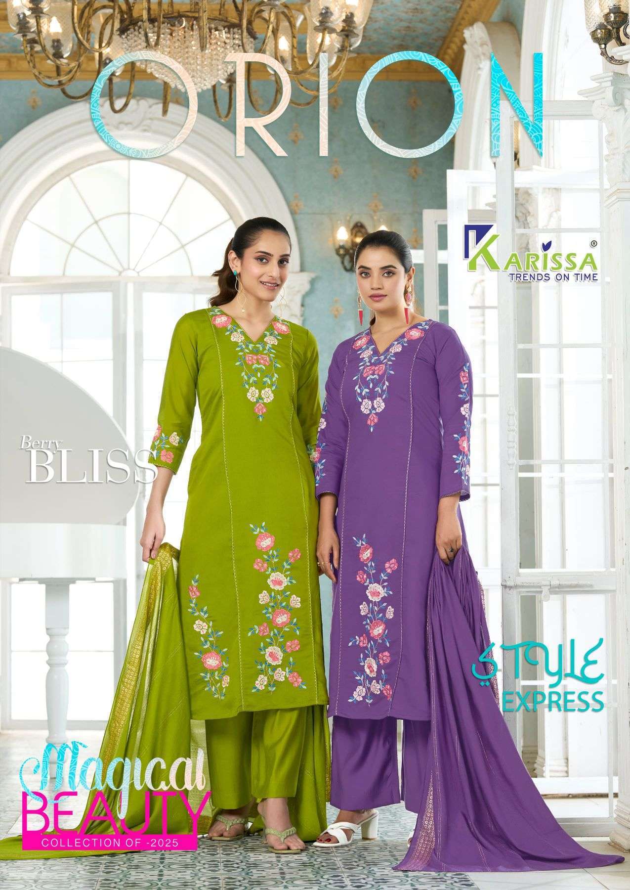 KARISSA ORION FANCY VISOCSE SILK EMBRODERY WORK THREE PCS KURTI WITH BOTTOM AND DUPPTA COLLECTION SUPPLIER 