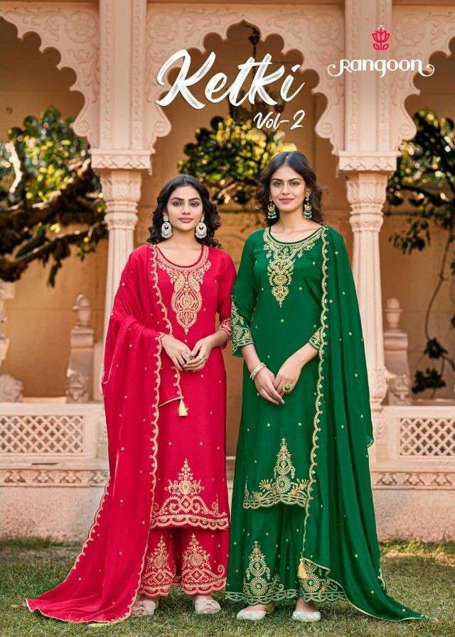 RANGOON KETKI VOL-2 CHINON EMBRODERY DESIGNER READYMADE SUIT WHOLESALER 