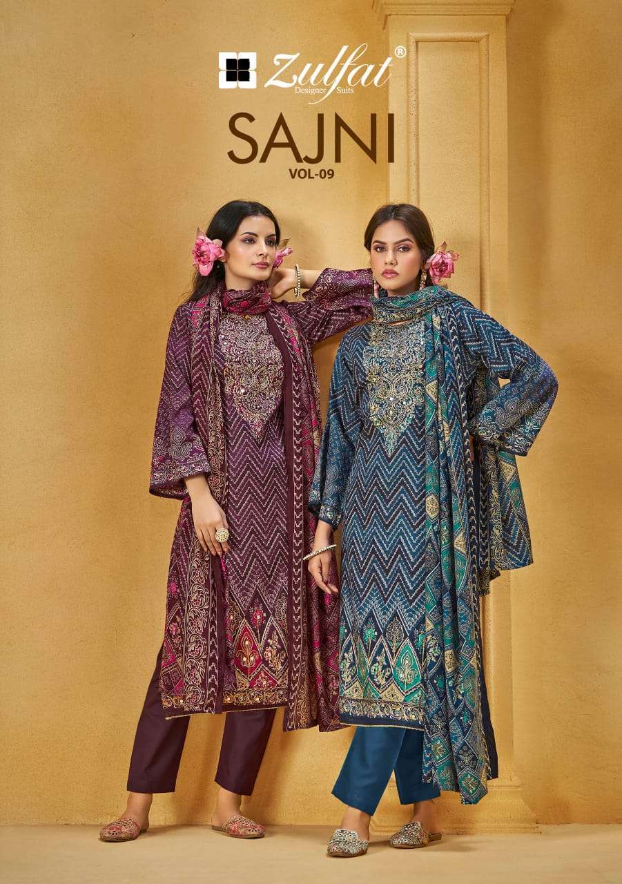 ZULFAT DESIGNER SAJNI VOL-9 JAM COTTON FANCY EMBRODERY WORK UNSTITCHED SALWAR KAMEEZ CATALOGUE SUPPLIER