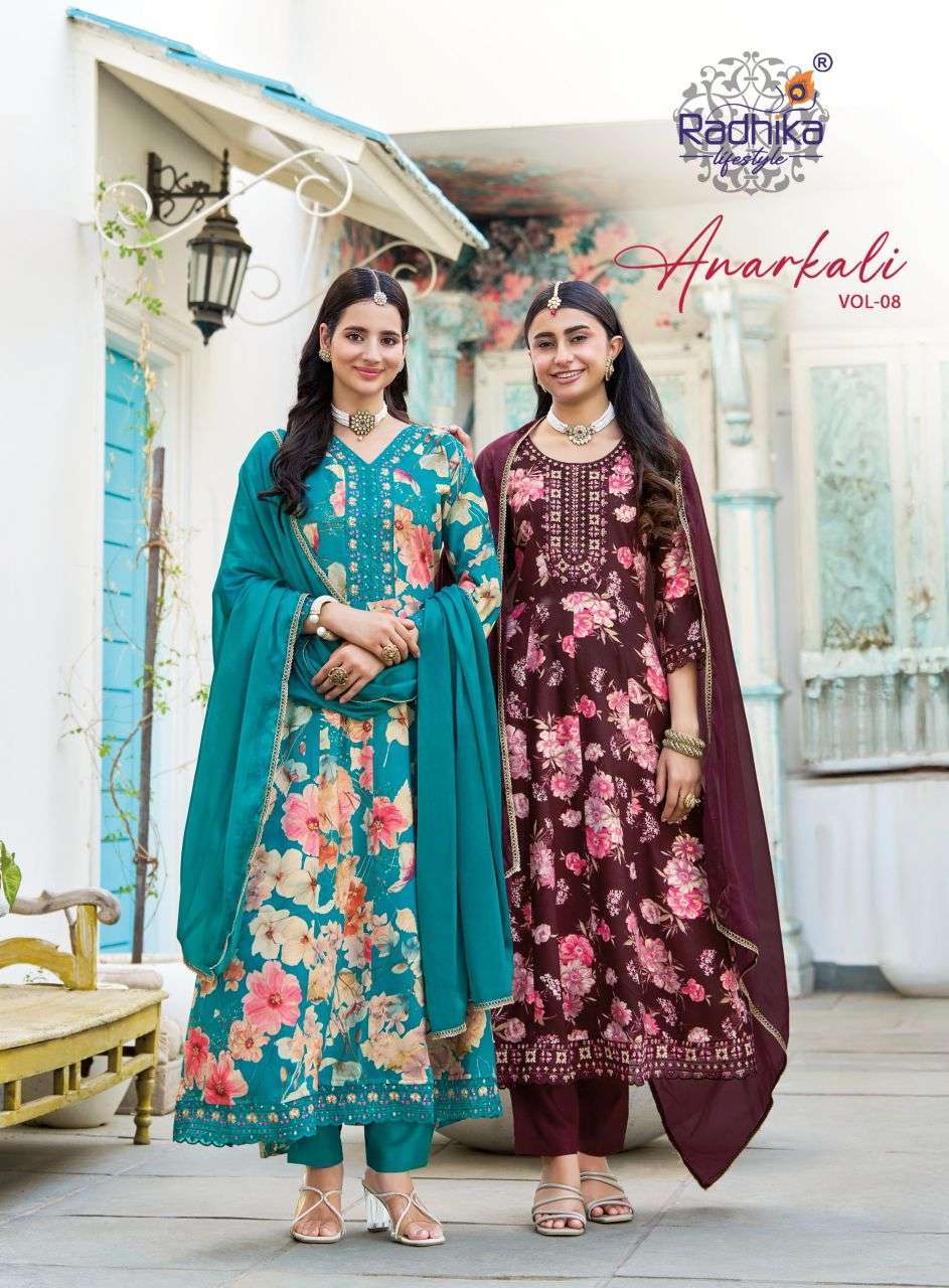 RADHIKA LIFESTYLE ANARKALI VOL- 8 RAYON FANCY PRINTED DESIGNER KURTI WHOLESALE RATE 