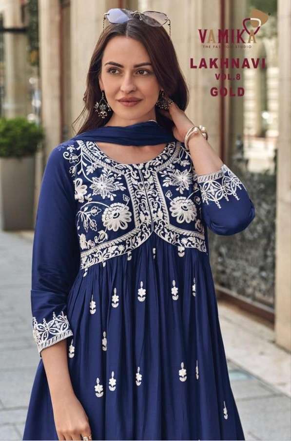 VAMIKA LAKHNAVI VOL-8 GOLD DESIGNER HEAVY RAYON WORK PALAZZO READYMADE SUIT WHOLESALER 