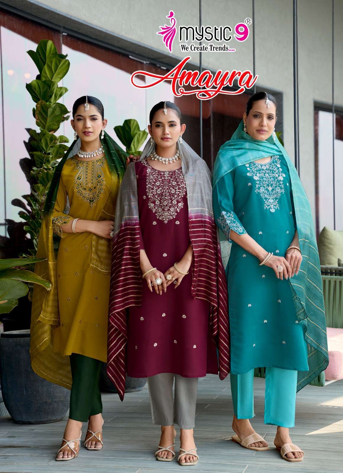 MYSTIC 9 AMAYRA VOL 1 RIJMAN SILK FANCY EMBROIDERY READYMADE SALWAR KAMEEZ WHOLESALE PRICE SURAT 