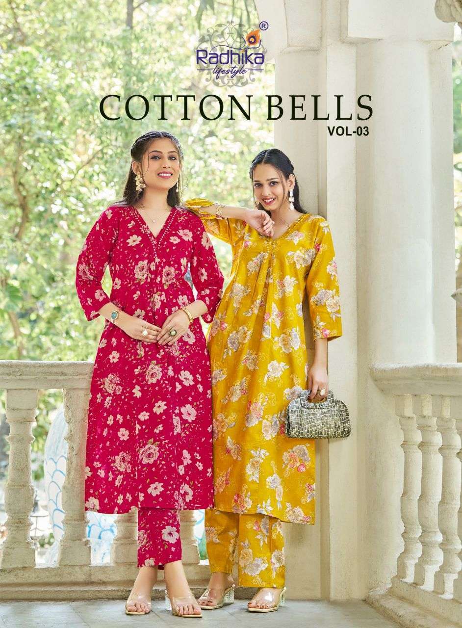 RADHIKA LIFESTYLE COTTON BELLS VOL-3 SUMMER WEAR COTTON  DESIGNER KURTI WHOLESALE RATE 